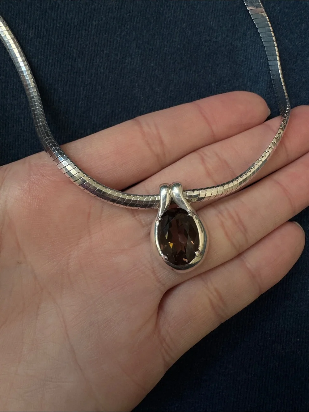 Milor Herringbone Sterling Silver .925 Smoky Topaz oval stone Necklace.